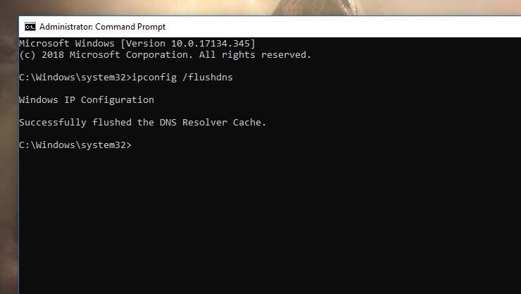 Flush DNS cache Windows command prompt showing ipconfig flushdns result